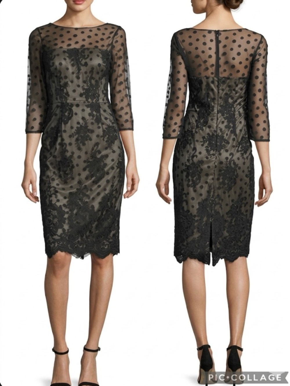 David Meister Black Polka Dot Mesh and Floral Lace Sheath Dress NWT 2 Cocktail